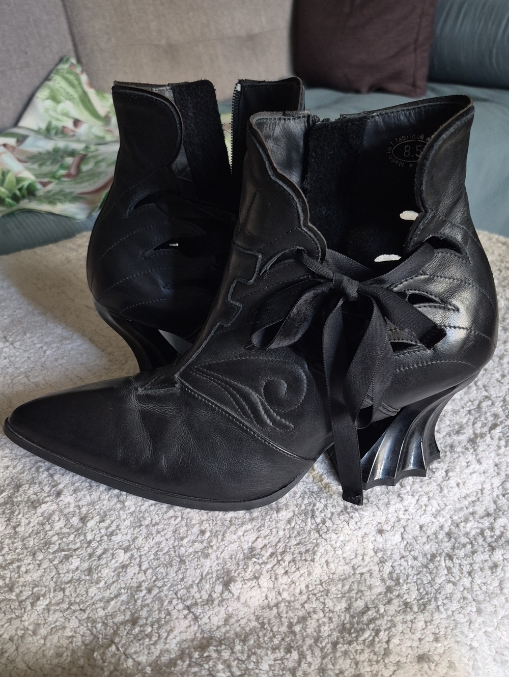 Fluevog Black Leather JODIE Lace-Up Ankle Boots with Sculpted Heel.  See Link.